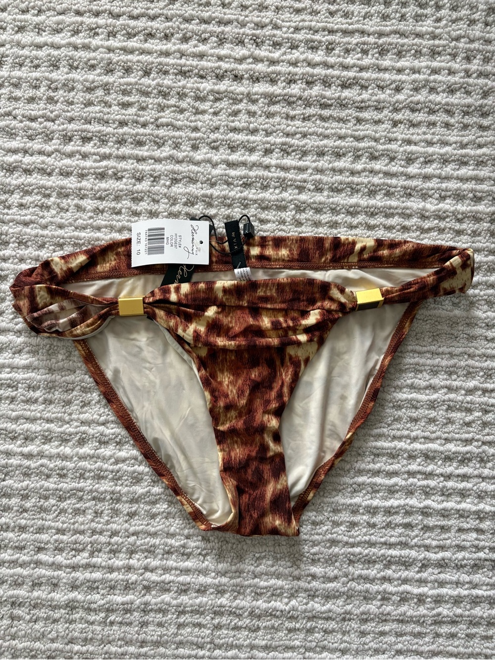 Vix Brown and Cream Animal Print Bikini Bottoms with Gold Accents